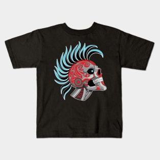 Tattooed Robot Skull with Blue Mohawk Kids T-Shirt